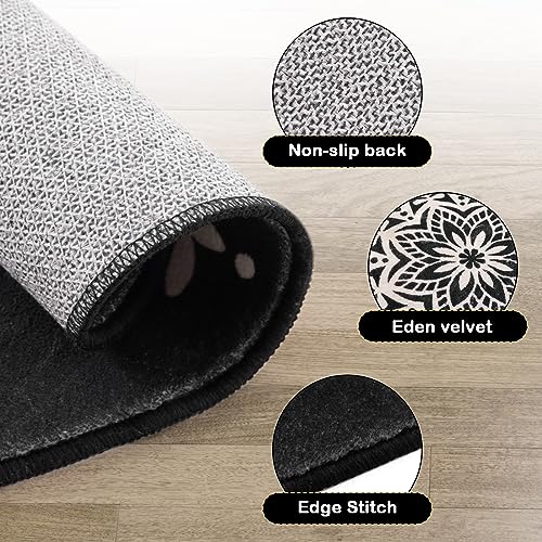 Carvapet 2' Small Round Area Rug Chic Boho Mandala Print Circle Rugs Non Slip Machine Washable Floor Mat Soft Throw Rug for Powder Room Entryway Bathroom Nursery Bedside Floor Decor Black Ivory