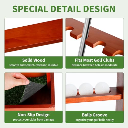 Derkerry Large Golf Club Rack Stand: Wooden Golf Clubs Holder Organizer with Grass Mat for 8 Golf Clubs & 12 Golf Balls - Golf Club Stand Racks for Garage Home Indoor (Black)