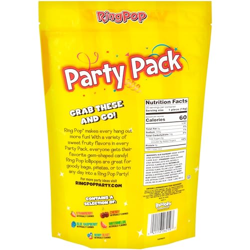 Ring Pop Individually Wrapped Back to School Bulk Lollipop Variety Party Pack – 20 Count Lollipop Suckers w/ Assorted Flavors - Fun Candy/Supplies for School Treats & Care Packages