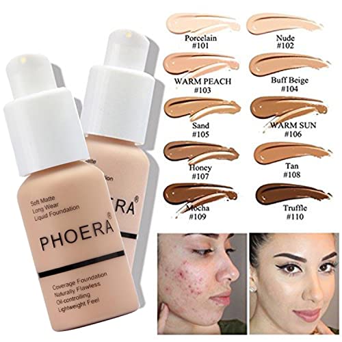 PHOERA Foundation, PHOERA Matte Liquid Foundation,PHOERA Makeup for Women, PHOERA Foundation Full Coverage Concealer, 30ml 24HR Matte Oil Control Concealer (106 - Warm Sun*2)