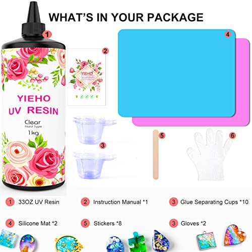 YIEHO 1000g UV Resin -Upgraded Crystal Clear Hard UV Fast Curing Epoxy Resin Supplies with Mat for Craft Jewelry Making 1KG