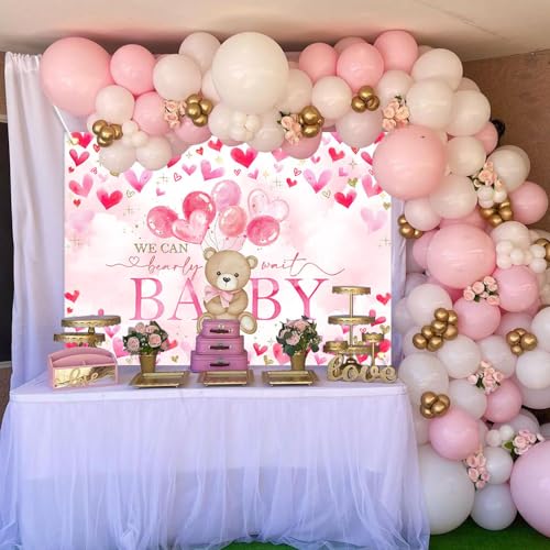 Avezano Bear Baby Shower Backdrop for Girl Pink Hearts Balloons Bear Theme Baby Shower Photo Background We Can Bearly Wait Baby Shower Party Decorations (7x5ft)