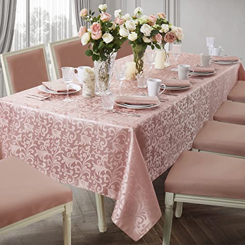 HommxJF Scroll Damask Jacquard Square Coral Gold Tablecloth 52"X52"，Wipeable Table Cover for Dining Table, Buffet Parties and Camping