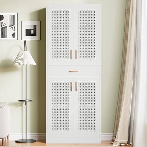 Cozy Castle Kitchen Pantry, 71" H Freestanding Rattan Pantry Cabinets with Doors, Adjustable Shelves and Drawer for Kitchen, Dining Room, Oak