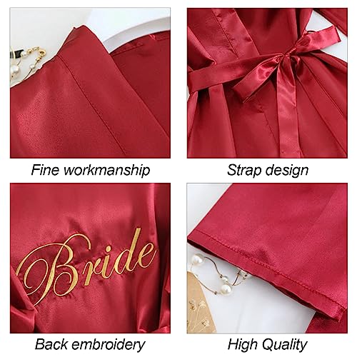 LuckyMoon Bride Robes Women's Satin Kimono Robe for Wedding Party Short Bridal Morning Robes with V-Neck Sleepwear Summer Satin Silk Dressing Gown for Women(Red-M)