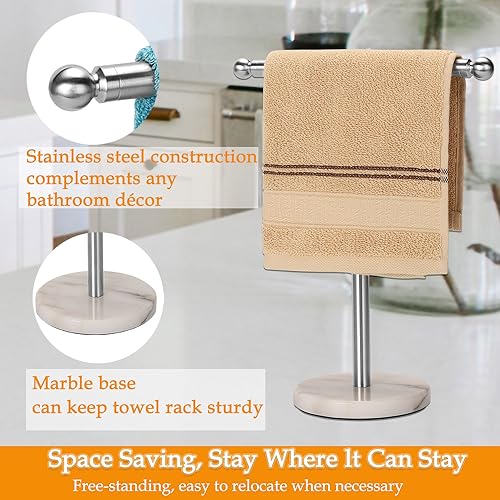 Kalitro Towel Rack with Heavy Marble Base, Free Standing Hand Towel Holder Stand for Bathroom Stainless Steel T-Shape Brushed Nickel