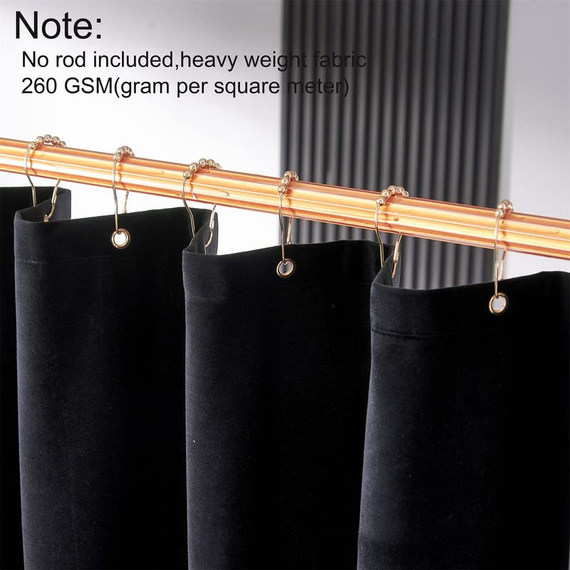 Shower Curtain Black Velvet Fabric 260 GSM Heavy Duty Luxury Shower Curtain with Hooks, Thicken,Washable, Waterproof for Bathroom Hotels, Bathtubs, 72 x 72 inches