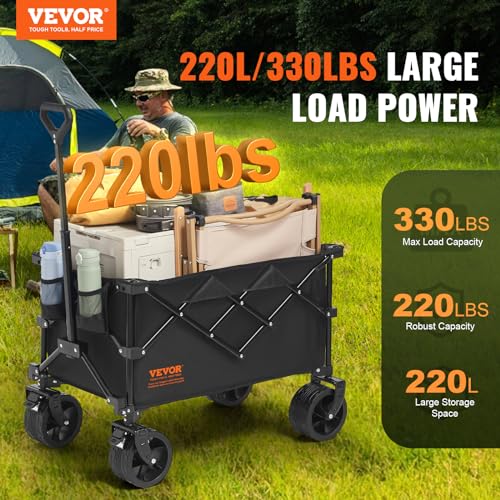 VEVOR 350LBS Collapsible Folding Outdoor Utility Wagon, 150L Heavy Duty Foldable Wagon Cart for Grocery Camping, Portable Utility Beach Wagon with Big Wheels for Garden Sports