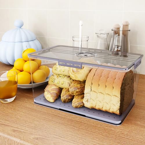 Bread Box for Kitchen Counter Airtight with Bread Bag & Tongs, Bread Storage Container with Time Recording Lid for Homemade Bread, Bread Keeper for Loaf, Toast, Bagel, Donut, Bread Saver Holder (Grey)