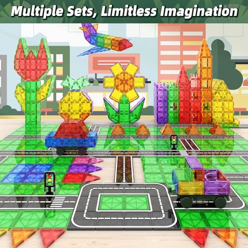 Goodtiles Magnetic Tiles Road Sets with Car Kits -Magnet Building Blocks Montessori Toys for Toddlers | Preschool Educational Sensory Construction Toys for Ages 3 4 5 6 7 Boys and Girls