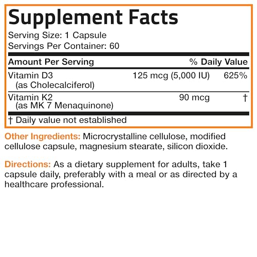 Bronson Vitamin K2 (MK7) with D3 Supplement Non-GMO Formula 5000 IU Vitamin D3 & 90 mcg Vitamin K2 MK-7 Easy to Swallow Vitamin D & K Complex, 60 Capsules