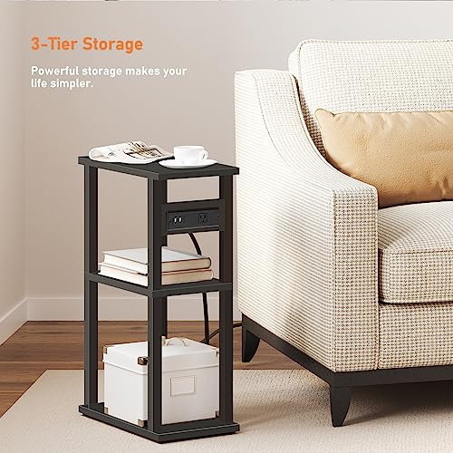 TUTOTAK Small Narrow Side Table with Charging Station, Skinny End Table for Small Spaces, Slim Nightstand with USB Ports and Outlet, Sofa Beside Table with Wheels, Black TB01BK046