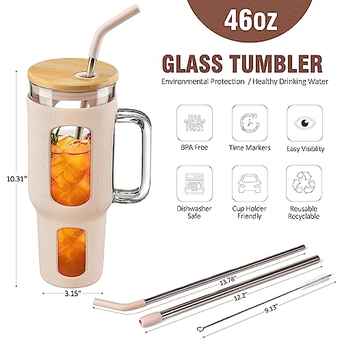 WINSA Glass Tumbler with Lid and Straw, 46 oz Iced Coffee Cup with Handle, Glass Water Bottles with Silicone Sleeve, Glass Cup with Straws - Pearl Straw & Drinking Straw BPA Free-Amber