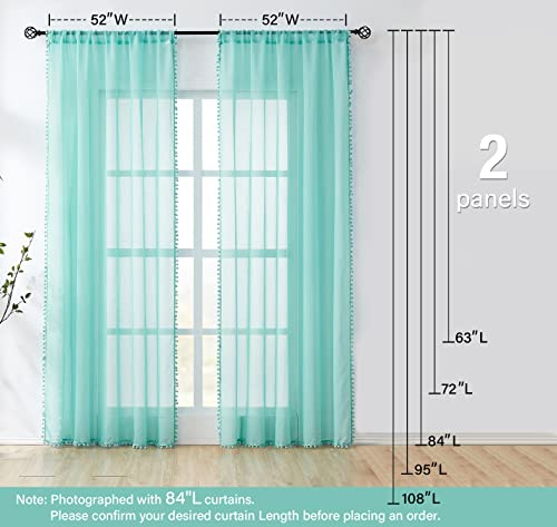 Treatmentex Pompom Sheer Yellow Curtains for Living Room Bedroom Nursery Room 72 inch Long Linen Texture Curtain Drapes for Kids Room 2 Panels Rod Pocket