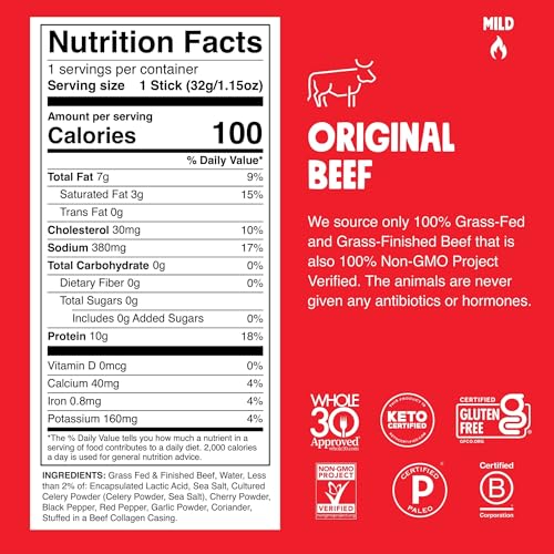 Chomps Grass-Fed and Finished Original Beef Jerky Snack Sticks 10-Pack - Keto, Paleo, Whole30, 10g Lean Meat Protein, Gluten-Free, Zero Sugar Food, Non-GMO