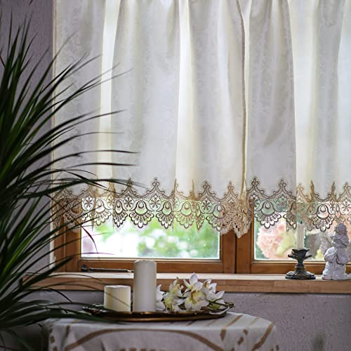 SUTAVIA Classical Lace Kitchen Curtain Set 2 Panels for Window Farmhouse Cafe Curtains Beige Fabric with Champagne Lace Rod Pocket Window Treatment Country for Kitchen Bedroom Living Room Bathroom