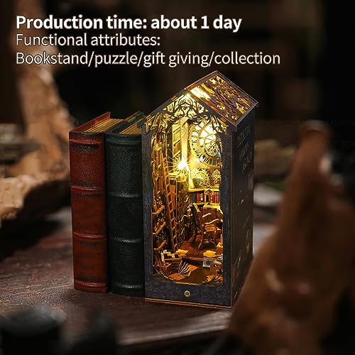 CRIOLPO Book Nook Kit - DIY Dollhouse Booknook, Book Nook Miniature Kit for Bookshelf Insert Decor Crafts for Adults Teen Halloween, 3D Wooden Puzzle Bookends with Sensor Led Light