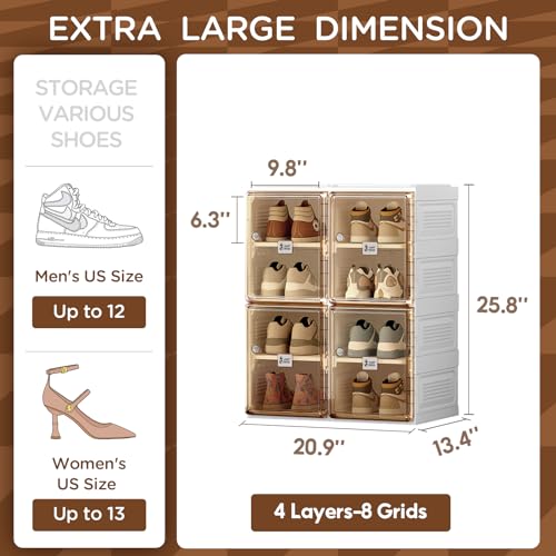 ANTBOX Shoe Organizer Storage Box, Portable Folding Shoe Rack For Closet With Magnetic Clear Door,Large Sneaker Cabinet Bins All-in-one Sturdy Easy Assembly 4 Layers-8 Grids