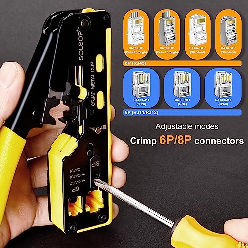 Solsop Pass Through RJ45 Crimp Tool Kit All-in-One Ethernet Crimper Cat7 Cat6 Cat5 Crimping Tool with Network Cable Tester, 50-Pack Cat6 RJ45 Pass Through Connector, 50-Pack Connector Boots
