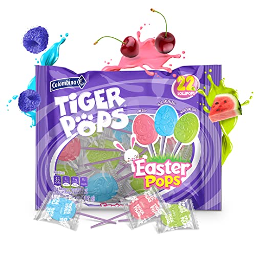Colombina Tiger Pops Easter Jar, Watermelon, Blue Raspberry, and Cherry Flavors, Individually Wrapped Lollipops, Includes Easter Bunny, Egg, and Chick Shapes, 130 Count (Pack of 1)
