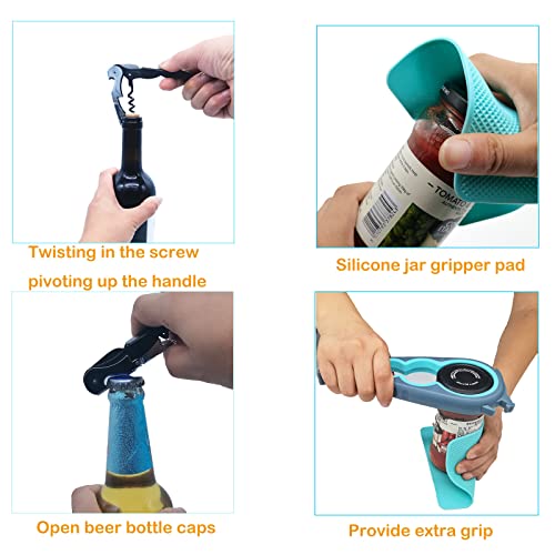 Otstar Latest Jar Opener for Seniors with Arthritis, Weak Hands, 5 in 1 Bottle Opener Tool with Rubber Jar Gripper Pad and Corkscrew Wine Opener