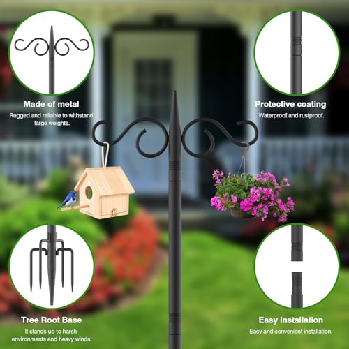 RCUICA Double Shepherds Hooks for Outdoor,2 Pack 110 Inch Bird Feeder Pole with 5 Prongs Base,Heavy Duty Shepherds Hook,Suitable for Garden in Hanging Flower Basket,Lantern,Bird Nests (110 Inch)