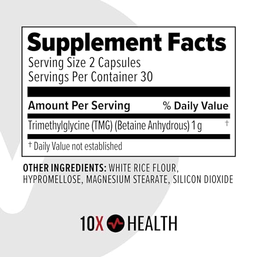 10X Health TMG Supplements - Trimethylglycine Amino Acid as Betaine Anhydrous for Liver Support, Energy, Heart Health, & to Regulate Homocysteine Levels - 60 Capsules