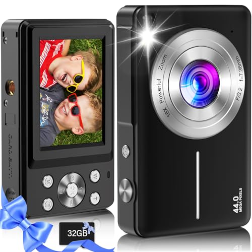 Digital Camera,Kids Camera with 32GB Card,Nsoela FHD 1080P 44MP Compact Vlogging Camera,Point and Shoot Camera 16X Digital Zoom, Portable Mini Kids Camera for Teens Students (Black)