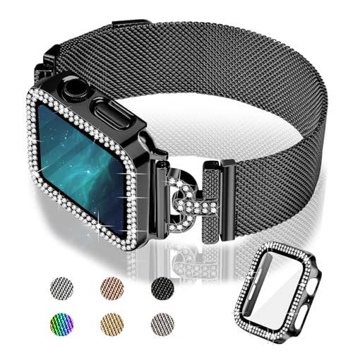 JOYOZY Magnetic Band Compatible with Apple Watch Band 38mm 40mm 41mm 42mm 44mm 45mm Milanese Strap with Bling Case and Screen Protector, Dressy Stainless Steel iWatch Loop for Women (Black 38mm)