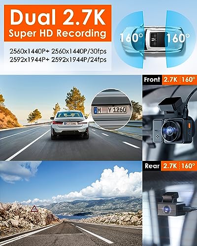 Vantrue E2 Dash Cam Front and Rear with Voice Control, 2.7K + 2.7K Dual Dash Camera for Cars, WiFi, GPS, STARVIS Night Vision, Buffered Parking Mode, G-Sensor, 2.45" IPS, 160°, WDR, Support 512GB