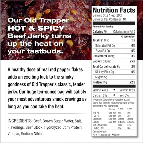 Old Trapper Beef Jerky, Hot & Spicy 10-Ounce Individual Pack, Tender and Spicy Meat Snacks for Lunches or Between Meals, 11 Grams of Protein and 70 Calories per Ounce (Pack of One)