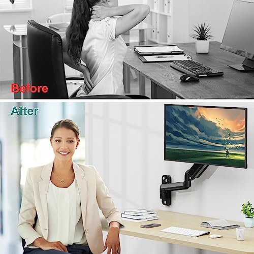ErgoFocus Monitor Wall Mount Fits 17-32 Inch Flat/Curved Computer Screens, Single Monitor Wall Arm Holds up to 19.8lbs, Height Adjustable Gas Spring Wall Monitor Stand Tilt, VESA Mount 75x75/100x100