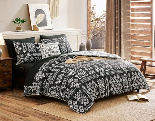 Geniospin Twin Comforter Set - 5 Pieces Comforters Twin Size, Fluffy Boho Bedding Sets for All Seasons, Bed in a Bag with Flat Sheet and Fitted Sheet, Pillowcase & Sham (Black and White, 66''x86'')