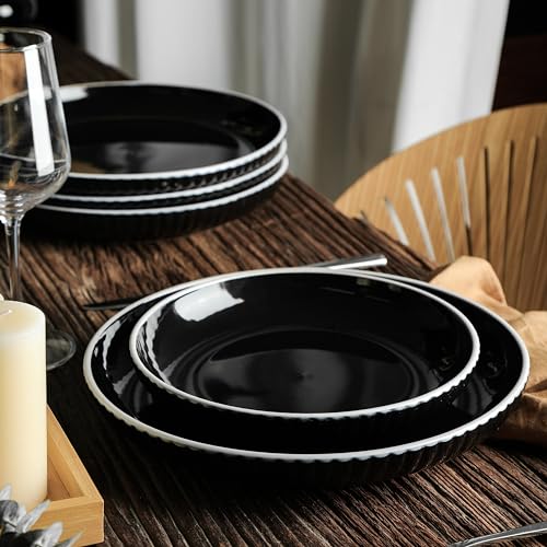 Christian Siriano Lustra Modern 16-Piece Stoneware Dinnerware Set, Plates and Bowls Set, Dinner and Salad Plates, Ramen Bowls, Dish Set for 4, Black