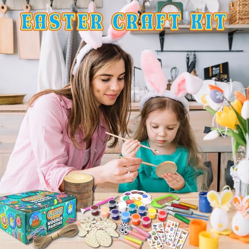 klmars Easter Wooden Painting Kit-Glow in The Dark-Easter Arts Crafts Gifts for Kids Boys Girls Ages 5-12-Wood Slices Painting Kits - Creative Easter Decorations and Tree Ornaments