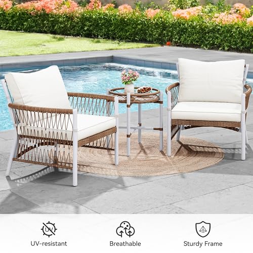 YITAHOME 3-Piece Outdoor Patio Furniture Wicker Bistro Set, All-Weather Rattan Conversation Chairs for Backyard, Balcony and Deck with Soft Cushions, Beige