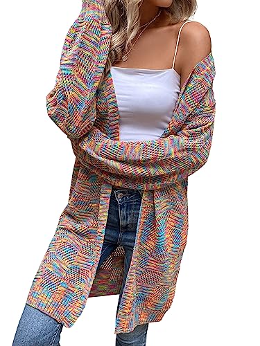 SweatyRocks Women's Color Block Long Sleeve Open Front Cardigan Sweater Knit Crop Top Colorful S
