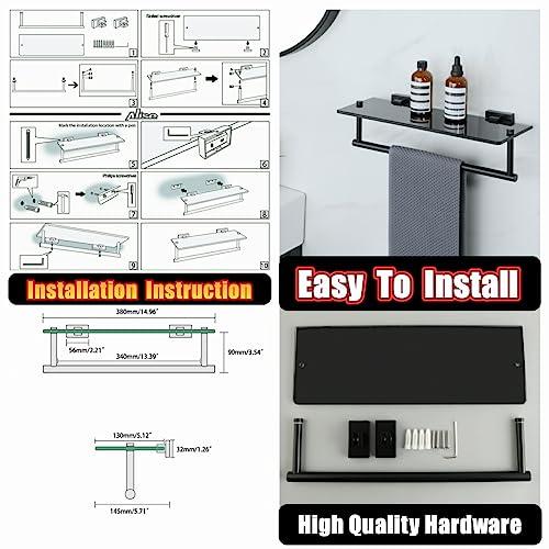 Alise Bathroom Shelves Glass Shelf with Bar,Wall Mount Floating Shelves for Bathroom,1 Tier Tempered Glass Holder Rack Storage Organizer,SUS304 Stainless Steel GOY6380-B Black