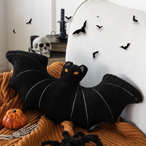 Phantoscope Happy Halloween Bat Shaped Throw Pillow, Teddy Fleece Embroidery Decorative Halloween Pillow for Couch, Sofa, Bed, Black 12 x 25.5 inches