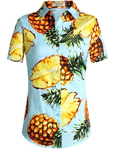 Hawaiian Shirts for Women, Tropical Shirts for Women, Pineapple Shirts for Women Short Sleeve Blouses Casual Floral (Small, Blue Red)