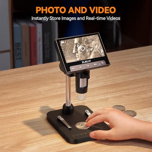 Elikliv Coin Microscope, 4.3'' LCD Digital Microscope 1000x, Coin Magnifier with 8 Adjustable LED Lights, PC View Compatible with Windows/Mac, EDM4B, Black