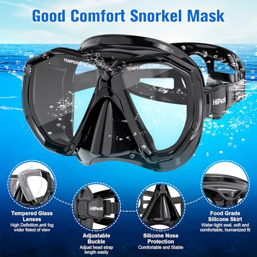 HiiPeak Snorkeling Gear for Adults, Dry Snorkel Set, Panoramic Wide View, Diving Scuba Mask Snorkel mask Set Dry Snorkel Swimming Glasses Nose Cover Youth Diving Goggles Masks Black