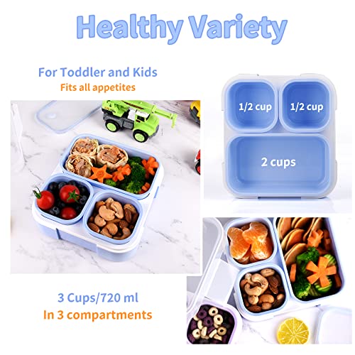 Genteen Bento Box for Kids, Kids Lunch Box with 3 Removable Compartments, Toddler Baby Lunch Box for Daycare, School, Leak-proof Lunch Snack Portion Container, Ideal Portion Size for Ages 3 to 7- Blue