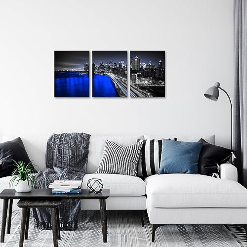 LevvArts 3 Panel New York City Wall Art Canvas Brooklyn Bridge Night View Picture Print Modern Black and Red City Poster Painting for Home Office Bedroom Decoration (Blue, Small)