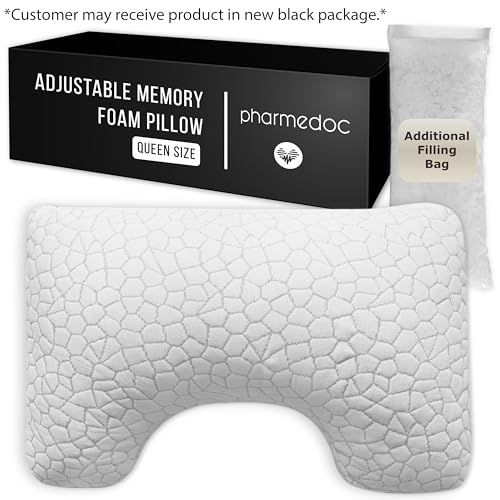 Pharmedoc Adjustable Shredded Memory Foam Curved Pillow - Side Sleeper Pillow -Ergonomic Curved - Neck Pillow for Pain Relief - Queen Bed Pillow 2 Pack