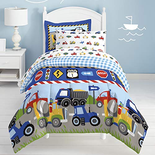 dream FACTORY Trucks Tractors Cars Boys 5-Piece Bedding Comforter Sheet Set, Twin Blue Red Multi