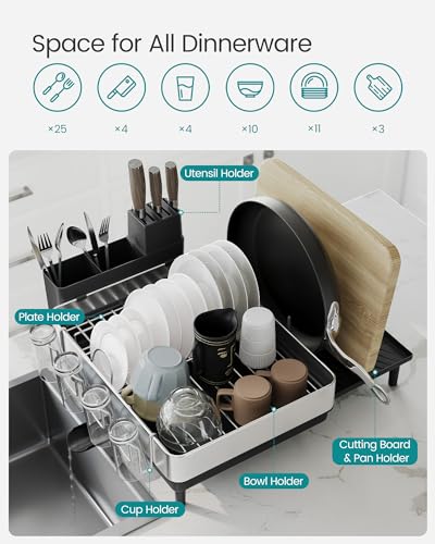 SONGMICS Large Dish Drying Rack, Expandable Dish Dryer for Kitchen Counter, Stainless Steel Dish Rack with Rotatable Spout, Utensil, Cup, Glass, Cutting Board, Pan Holders, Silver and Black UKCS037B01