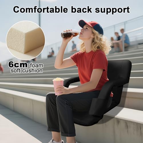 Stadium Seats for Bleachers with Back Support and Thick Padded Cushion,18" Extra Wide Portable Reclining Folding Chair with Optional Arms, 4 Pockets and Shoulder Straps,Big Size,Black,2PCS