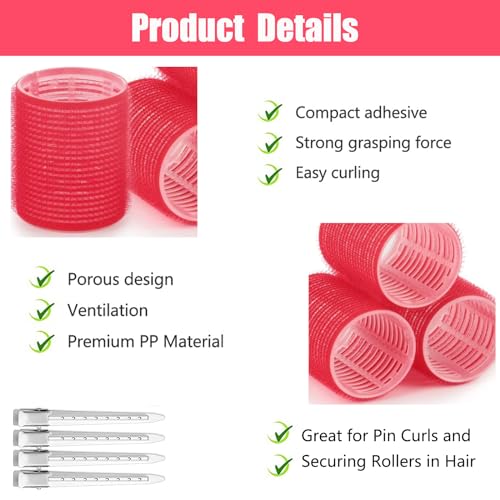 24Pcs Jumbo Hair Curlers Rollers, Self Grip Hair Roller Set with 12 Salon DIY Heatless Hair Curlers Holding Rollers and 12 Stainless Steel Duckbill Clips for Long Medium Hair Bangs Volume