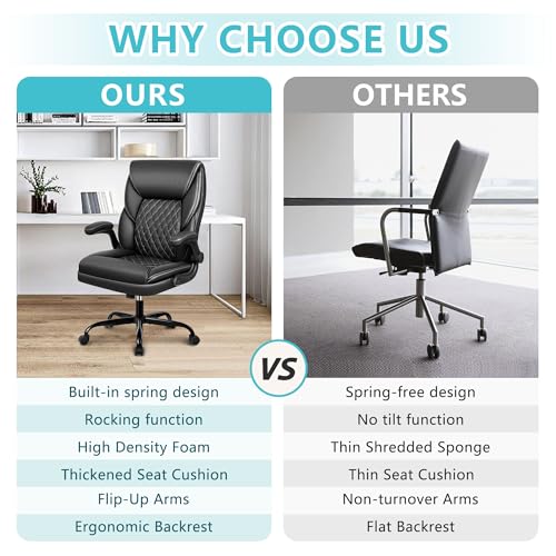 BestEra Executive Office Chair, Big and Tall Leather Ergonomic Office Chair, High Back Home Office Desk Chairs with Flip-Up Arms, Lumbar Support Computer Swivel Chair with Rocking Function (Black)